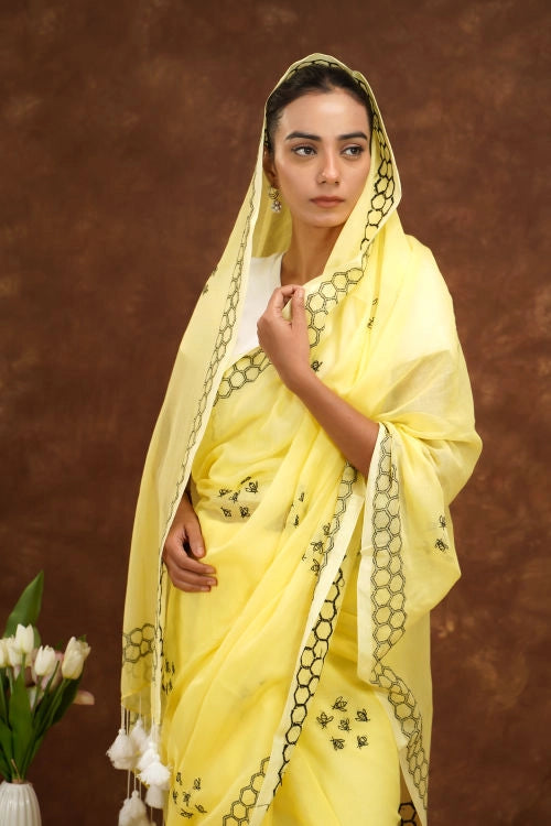 Shwet Women Yellow  Hand Embroidered Chikankari  Mulmul Saree