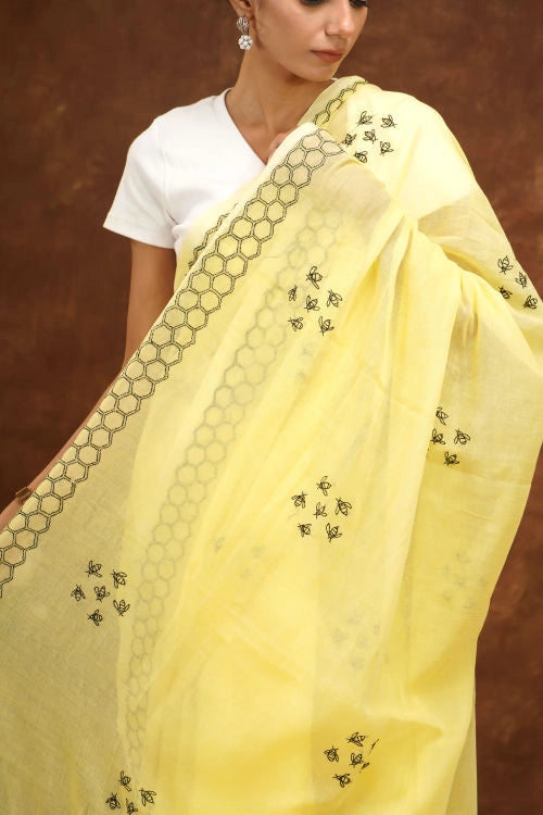 Shwet Women Yellow  Hand Embroidered Chikankari  Mulmul Saree