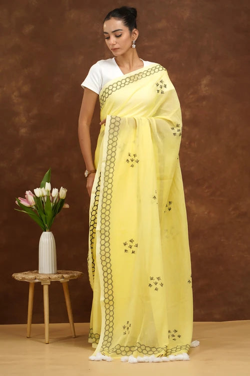 Shwet Women Yellow  Hand Embroidered Chikankari  Mulmul Saree