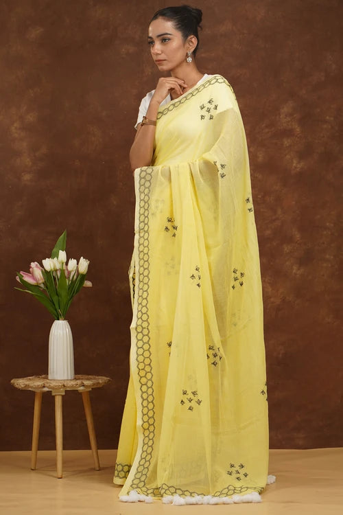 Shwet Women Yellow  Hand Embroidered Chikankari  Mulmul Saree