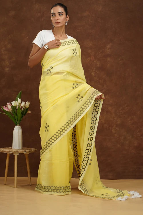 Shwet Women Yellow  Hand Embroidered Chikankari  Mulmul Saree