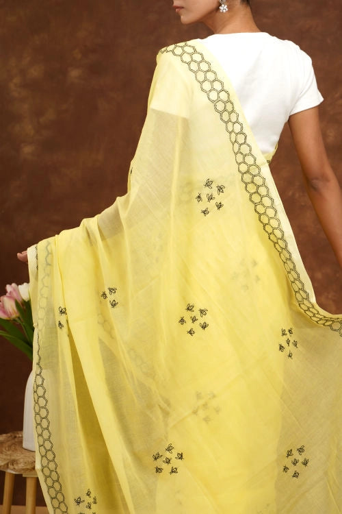Shwet Women Yellow  Hand Embroidered Chikankari  Mulmul Saree
