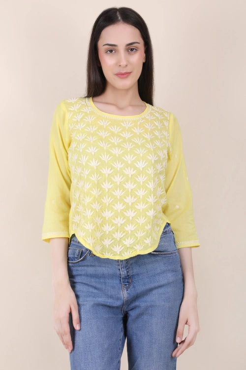 Shwet Women Hand Embroidered "Pastel Poise" Yellow Short Top
