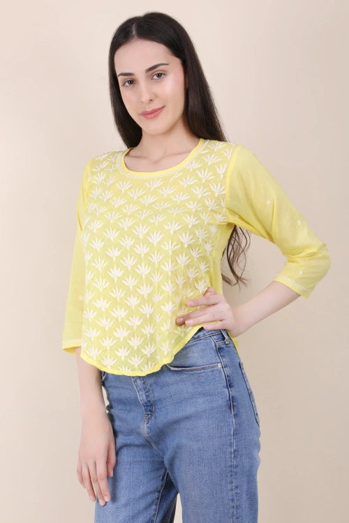Shwet Women Hand Embroidered "Pastel Poise" Yellow Short Top