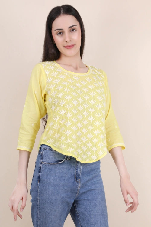 Shwet Women Hand Embroidered "Pastel Poise" Yellow Short Top