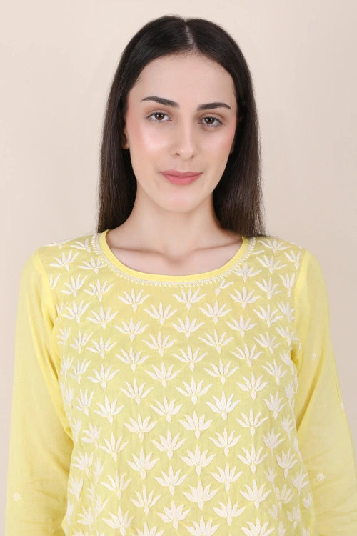 Shwet Women Hand Embroidered "Pastel Poise" Yellow Short Top