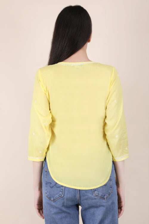 Shwet Women Hand Embroidered "Pastel Poise" Yellow Short Top