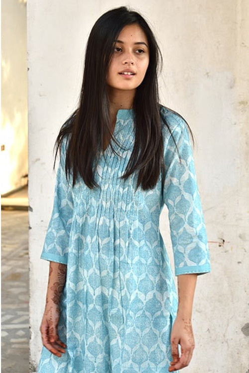 Dharan Charchara Pintuck Blue Block Printed Kurta For Women Online