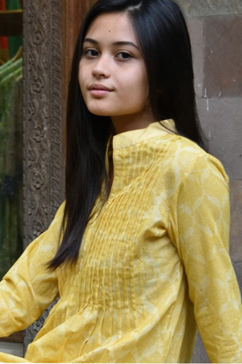 Dharan Charchara Pintuck Yellow Block Printed Kurta For Women Online