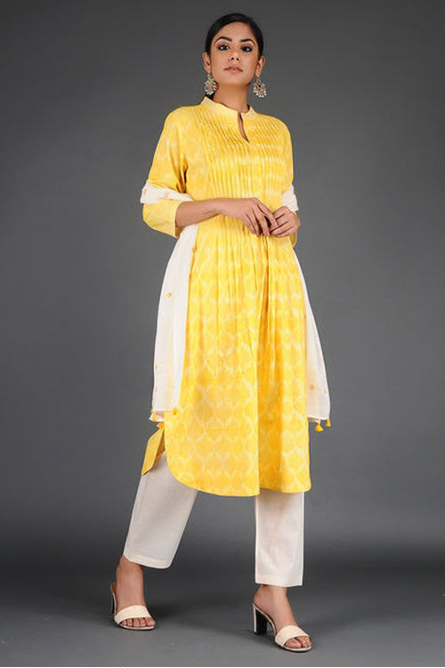Dharan Charchara Pintuck Yellow Block Printed Kurta For Women Online