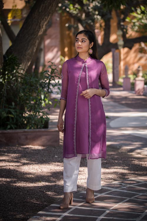 Urmul Aahana Hand Embroidered Purple Kota Doria Kurti Set For Women Online