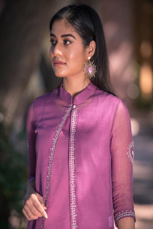 Pink Brocade Double Layered Jacket Style Kurti with Pink Mirror Stone Net  Dupatta  anokherang  2860283