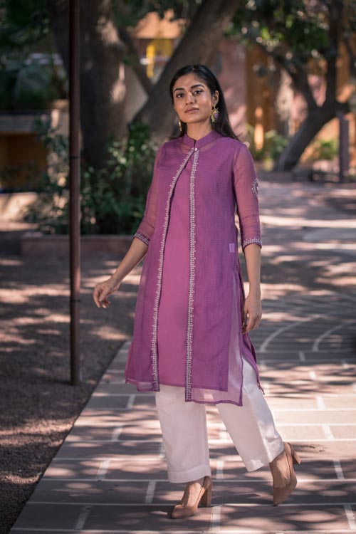 Urmul 'Aahana' Hand Embroidered purple Kotta doriya kurti jacket . 3pc set (kurti with Slip and pant)