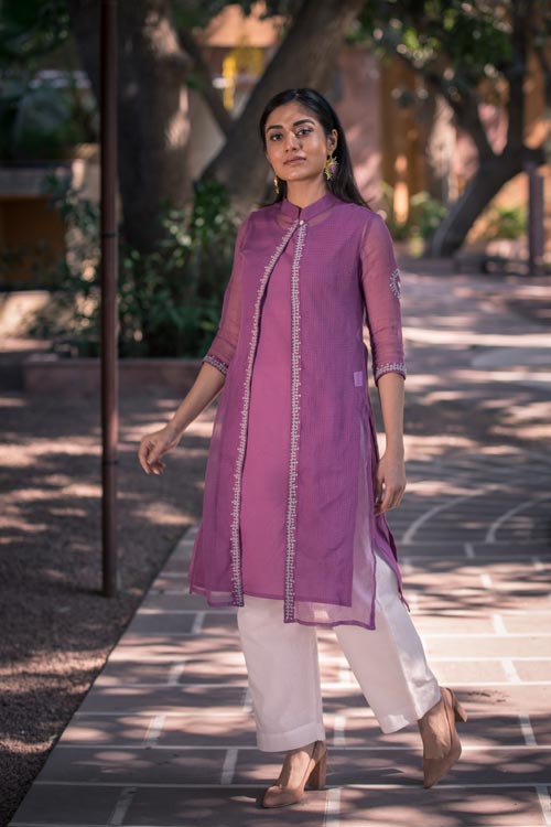 Urmul 'Aahana' Hand Embroidered purple Kotta doriya kurti jacket . 3pc set (kurti with Slip and pant)