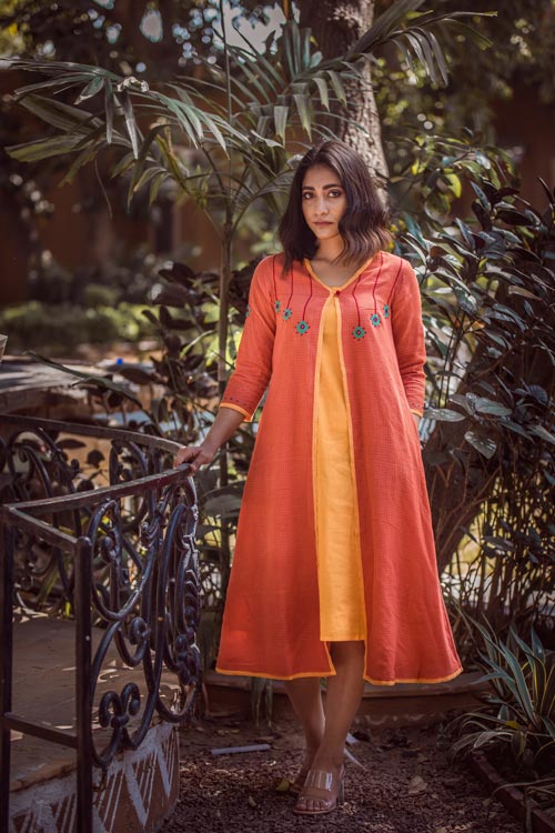 Urmul Anmol Hand Embroidered Orange Kota Doria Kurti Set For Women Online