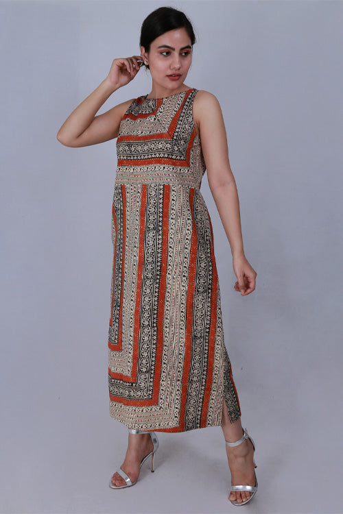 Dharan Bagru Border Beige Printed Sleeveless Dress For Women Online