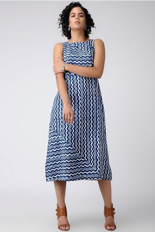 Dharan Dabu 'Zig-zag Print Dress' Indigo Block Printed Dress Okhaistore Dharan Dabu 'Zig-zag Print Dress' Indigo Block Printed Dress Okhaistore