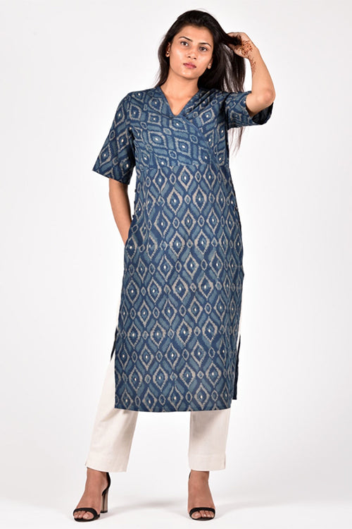 Dharan Diamond Indigo Embroidered Block Printed Kurta For Women Online