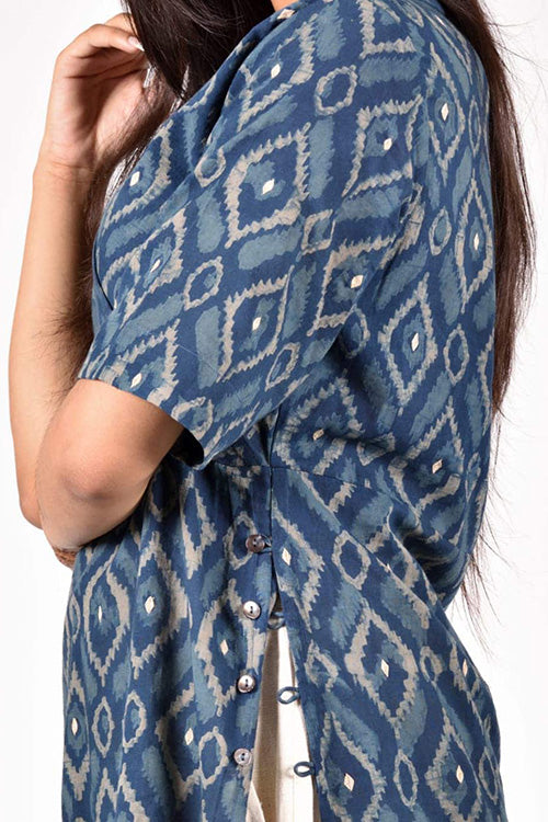 Dharan 'Diamond Embroidery Kurta' Indigo Block Printed Embroidered Kurta