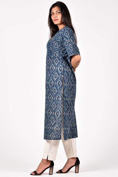 Dharan 'Diamond Embroidery Kurta' Indigo Block Printed Embroidered Kurta