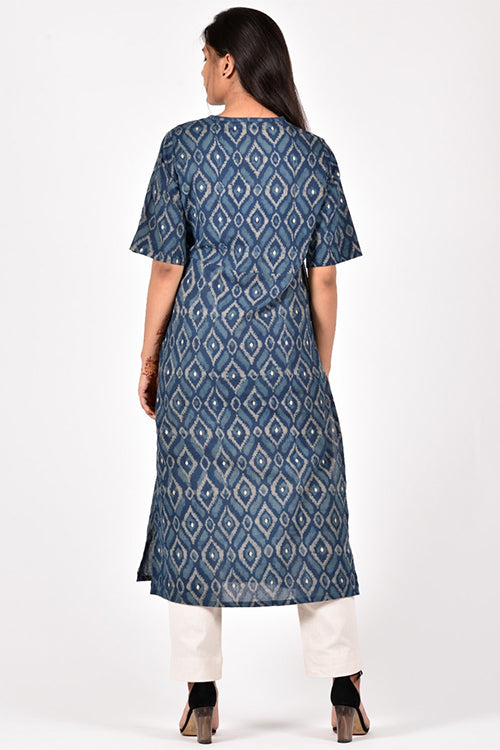 Dharan 'Diamond Embroidery Kurta' Indigo Block Printed Embroidered Kurta