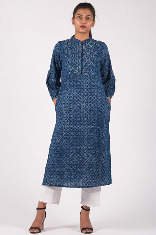 Dharan Neel Yoke Indigo Block Printed Kurta For Women Online