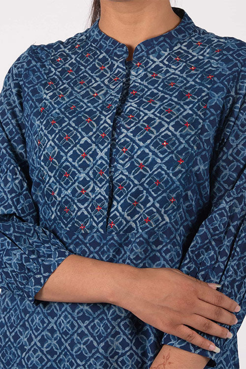 Dharan Neel Yoke Indigo Block Printed Kurta For Women Online
