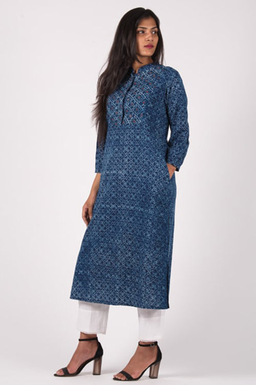 Dharan 'Neel Yoke Kurta' Indigo Block Printed Kurta