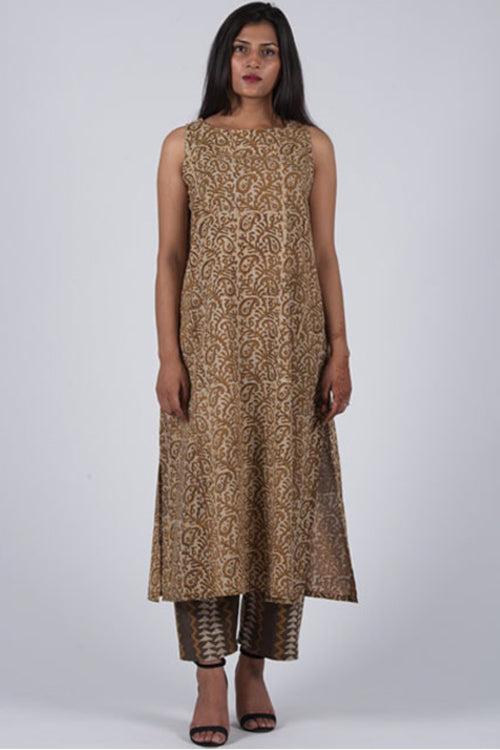 Dharan Mud Mustard Slash Brown Block Printed Tunic Kurta For Women Online