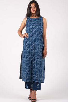 Dharan Neel Slash Indigo Block Printed Embroidery Dress For Women Online