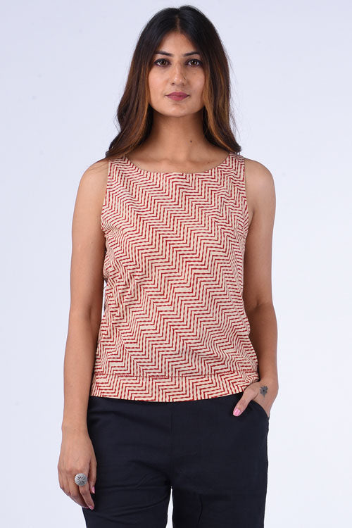 Dharan " Sleeveless Crop Top " Fawn Block Printed Top