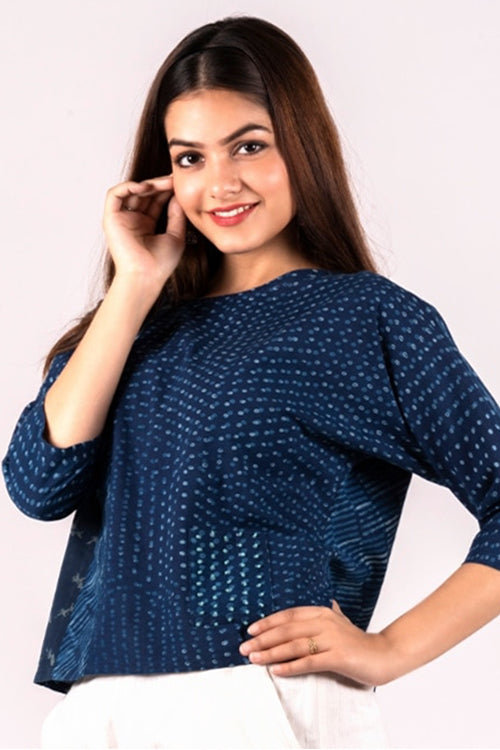 Dharan 'Neel Patch Work Top' Indigo Block Printed Top-1