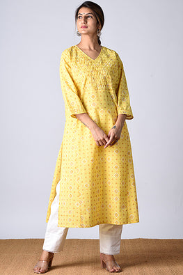 Dharan Heera Yellow Block Printed Kurta For Women Online