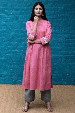 Dharan Kalidar Pink Embroidered Block Print Kurta For Women Online