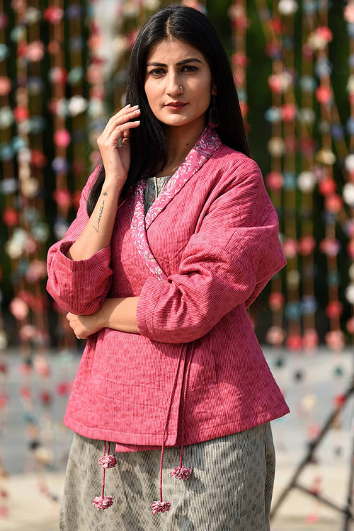 Dharan Pink Overlap Quilted Reversible Jacket For Women Online