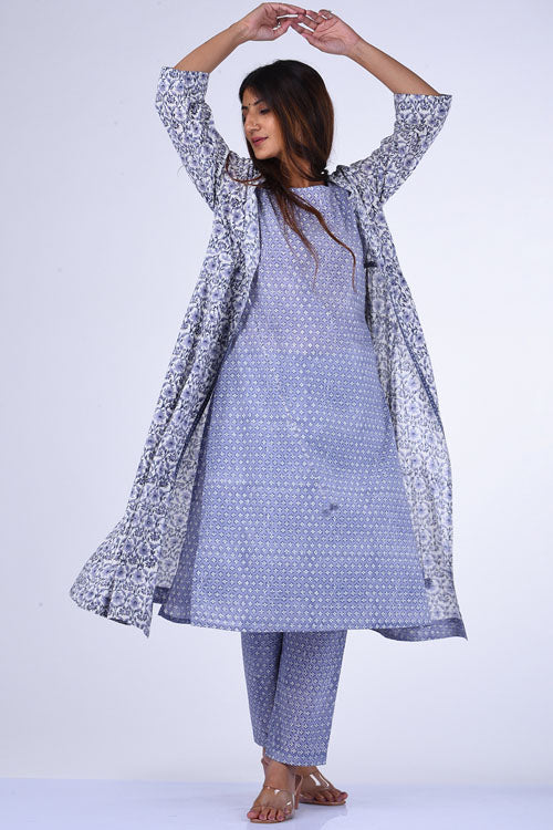 Dharan Tarana Grey Block Printed Kurta Set For Women Online