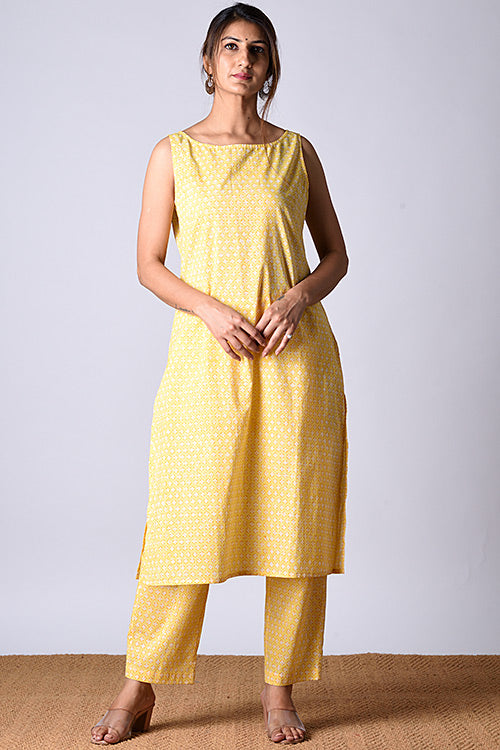 Dharan Tarana Yellow Block Printed Kurta Pant Set For Women Online