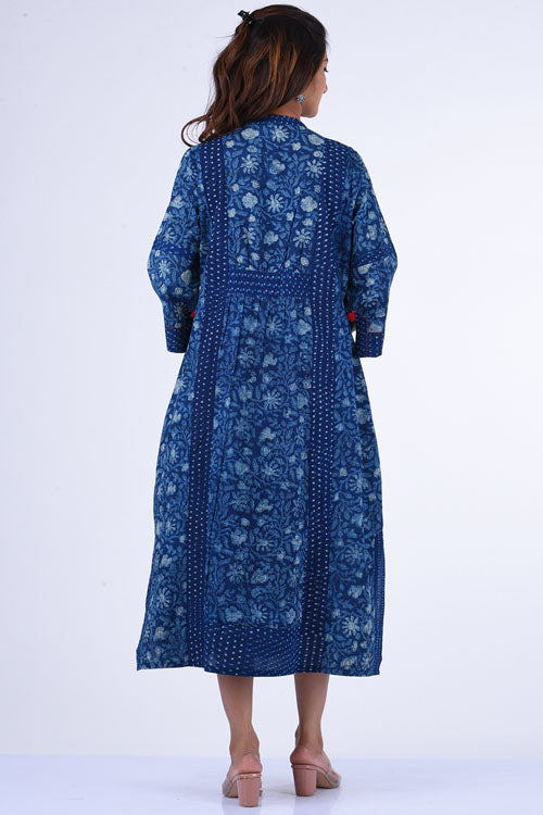 Dharan "Yokma Kurta" Indigo Block Printed Dress