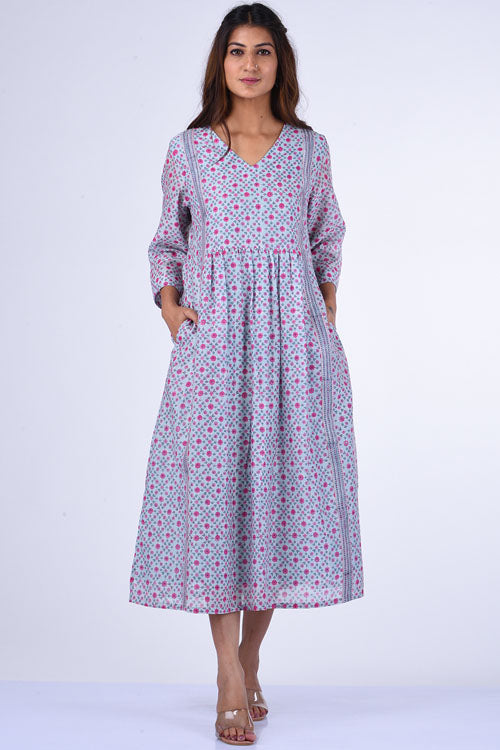 Dharan " Upavan Dress" Blue Block Printed Dress