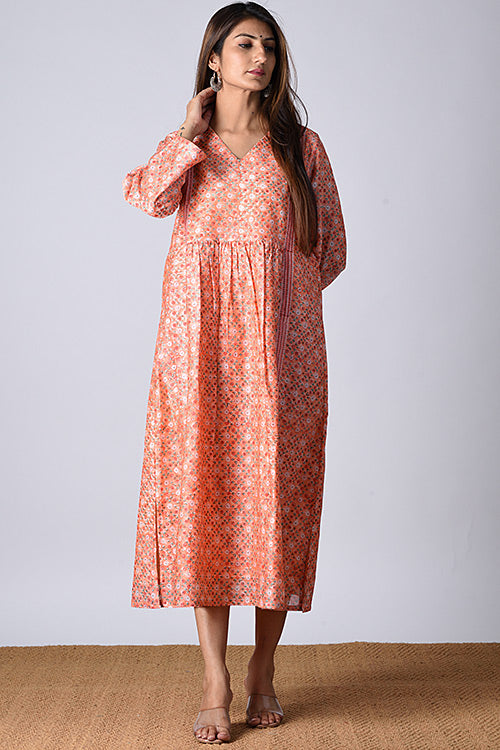 Dharan "Upavan Dress" Peach Block Printed Dress