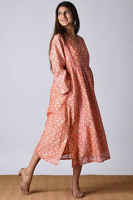 Dharan Upavan Peach Block Printed Dress For Women Online