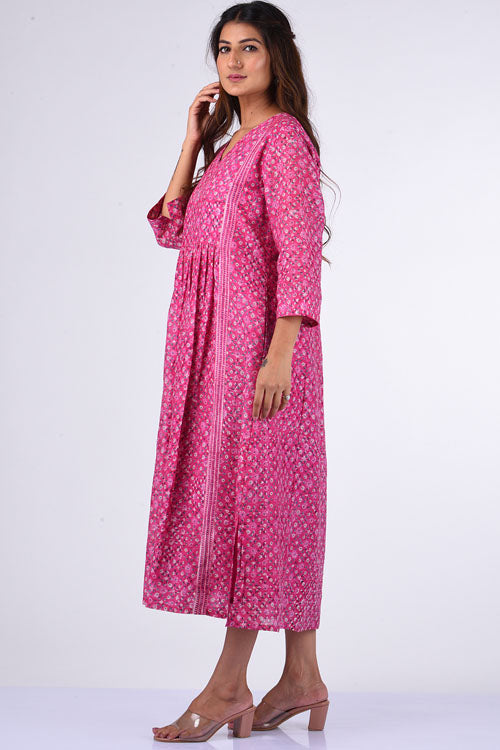 Dharan "Upavan Dress" Pink Block Printed Dress