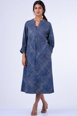 Dharan Suki Indigo Block Printed Dress For Women Online