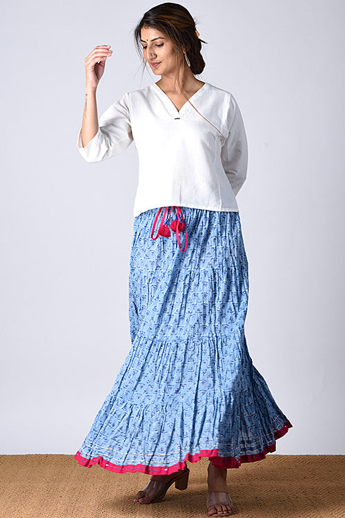Dharan "Dazzle Skirt" Blue Block Printed Skirt