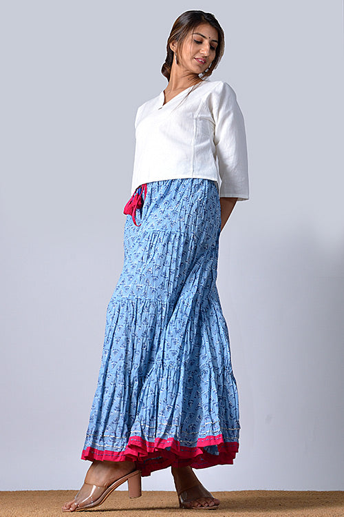 Dharan "Dazzle Skirt" Blue Block Printed Skirt