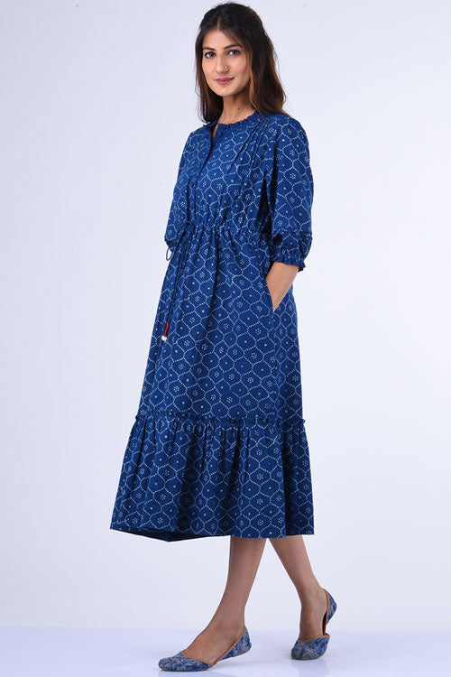 Dharan Ojee Indigo Block Printed Embroidery Dress For Women Online