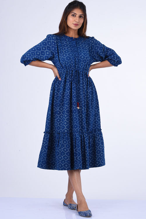 Dharan "Ojee Dress" Indigo Block Printed Dress