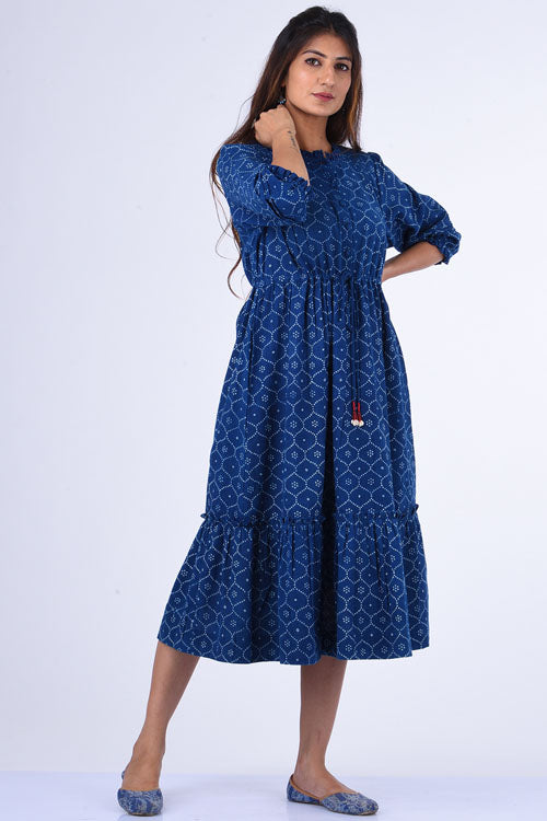 Dharan "Ojee Dress" Indigo Block Printed Dress