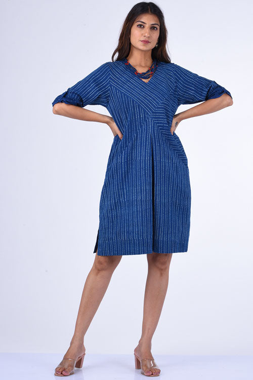 Dharan Patang Indigo Block Printed Shift Dress For Women Online