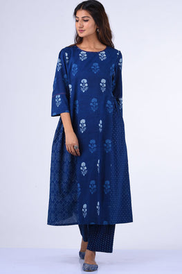 Dharan Rasa Indigo Block Printed Embroidery Dress For Women Online